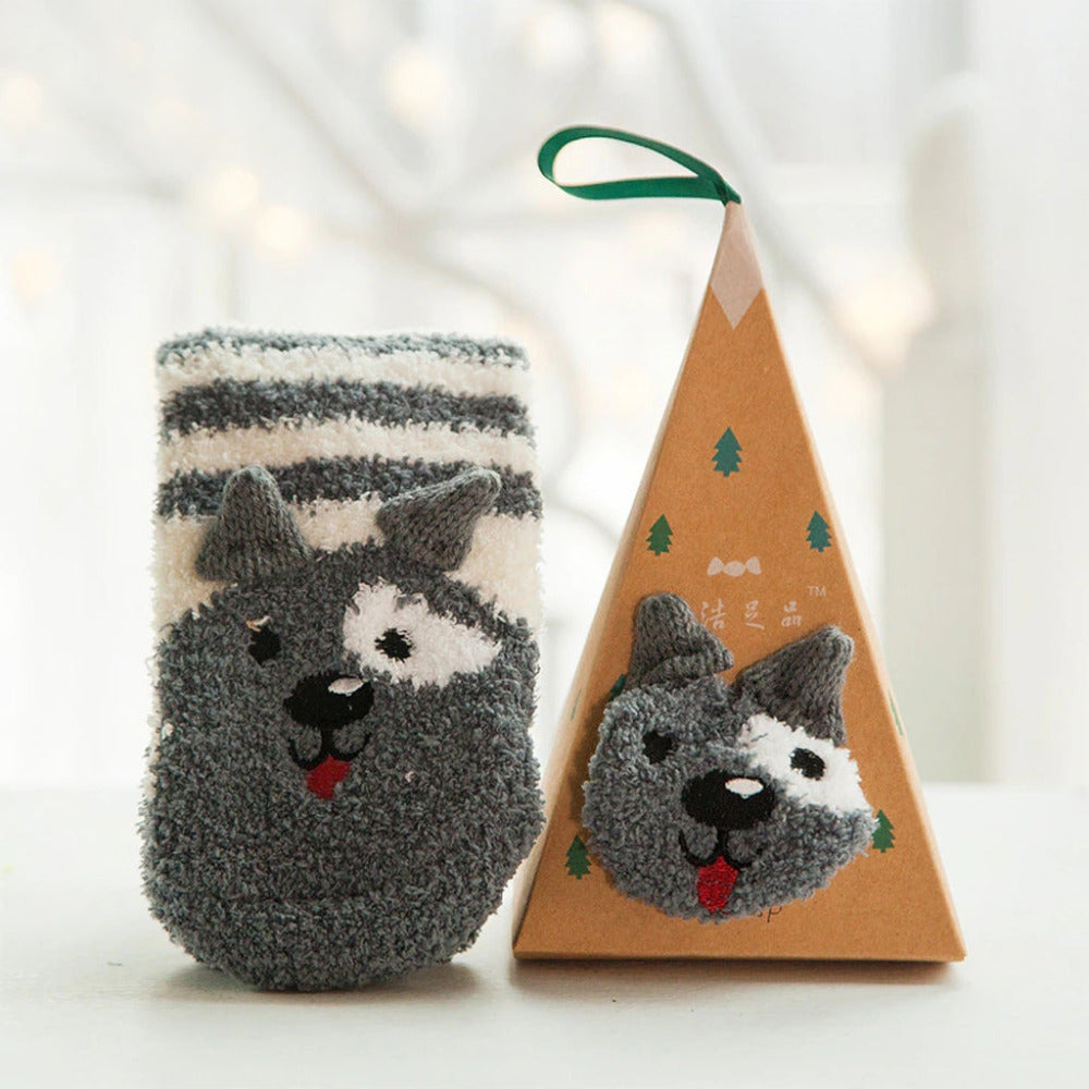 Mochi Mart Cute Fluffy Animal Socks Grey Dog
